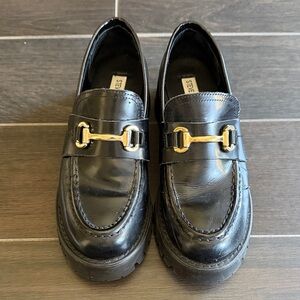 Steve Madden Black Leather Loafers with Gold Detail
